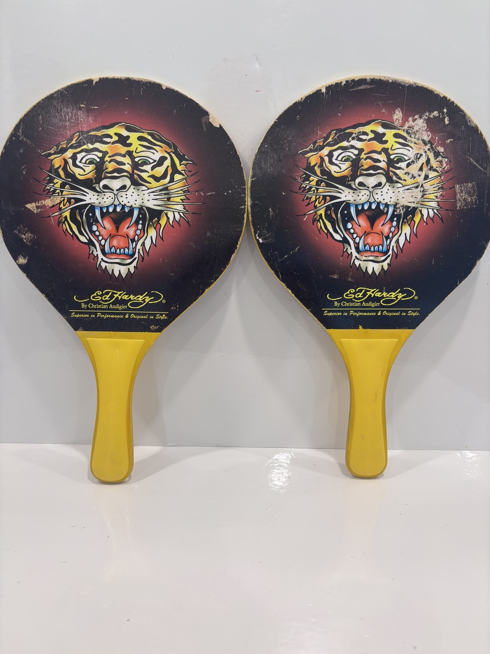 Ed hardy tiger graphic paddle ball set-black and yellow -vintage pair wooden